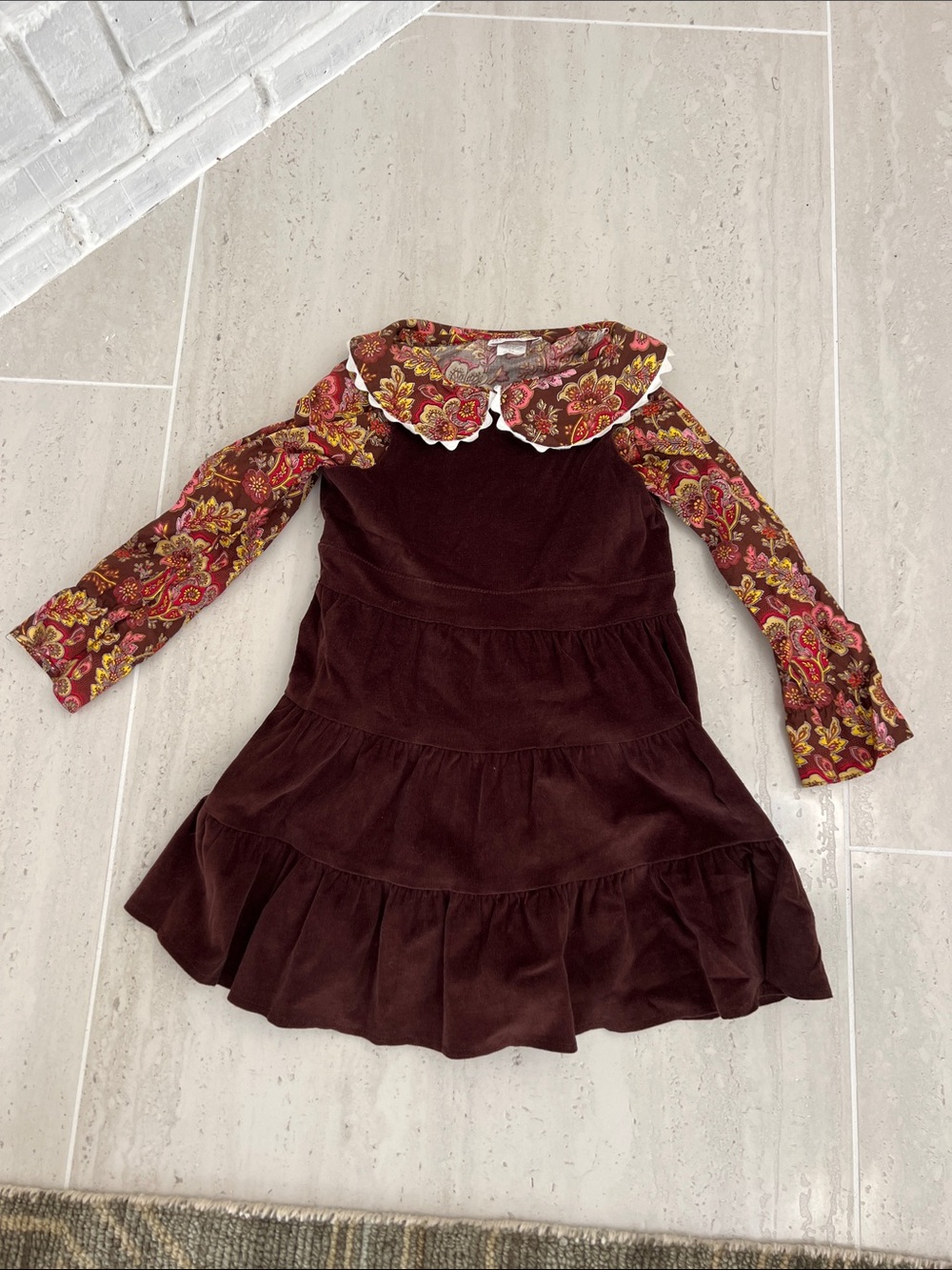 Girls' Burgundy Tiered Dress with Floral-Print Sleeves and Collar
